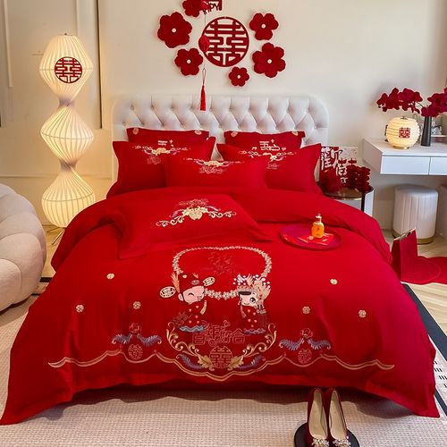 全棉结婚床上用品四件套大红色婚庆纯棉被套床单新婚中式婚礼婚房