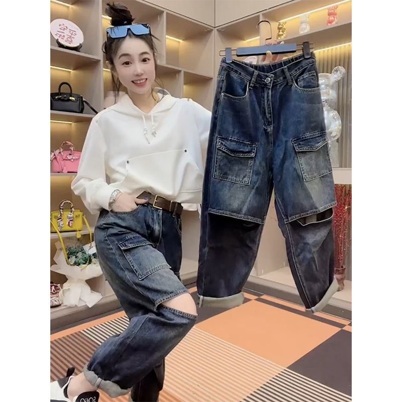 复古老爹裤女春秋韩版brf破洞牛仔裤