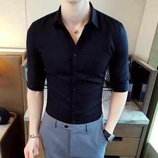 矮小个子155小码男装纯色中袖衬衫S号XS码修身上班正装七分袖衬衣