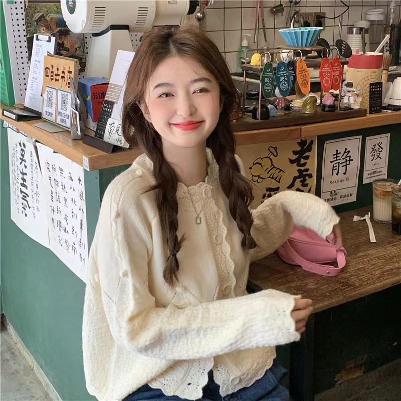 范雯雯 糯甜米糍 韩风甜美少女球球针织开衫宽松纯色花边毛衣外套