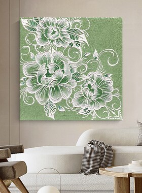 现代简约牡丹花客厅装饰画绿色花卉肌理画奶油风入户玄关砂岩挂画
