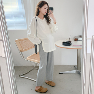 中长款 t恤春秋时尚 休闲开叉圆领简约叠穿百搭长袖 孕妇上衣春新款