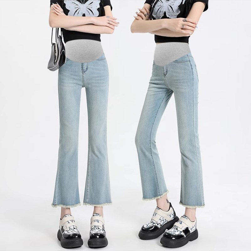 孕妇裤子春夏季薄款时尚毛边牛仔裤显瘦微喇叭裤小个子九分裤夏装
