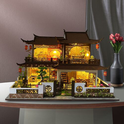 diy手工小屋西溪花间中国风复古建筑模型大型别墅木质玩具女