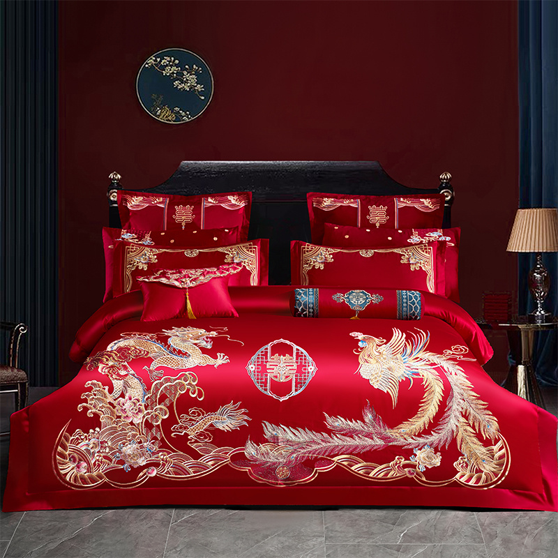 婚庆四件套纯棉全棉龙凤刺绣结婚陪嫁高档床单被套床上用品多件套