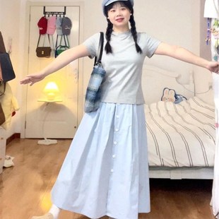 潮 大码 胖mm夏季 g时尚 女小个子穿搭灰色t恤半身裙减龄显瘦两件套装