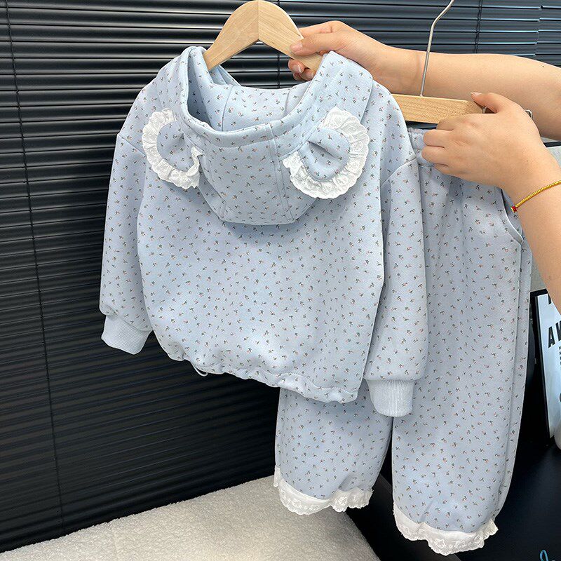 女童春秋新款儿童卫衣卫裤套装宝宝碎花运动套装连帽卫衣长裤套装