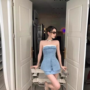 小众设计c款 一字肩御姐收腰显瘦抹胸外穿纯 上衣套装 夏天女休闲装