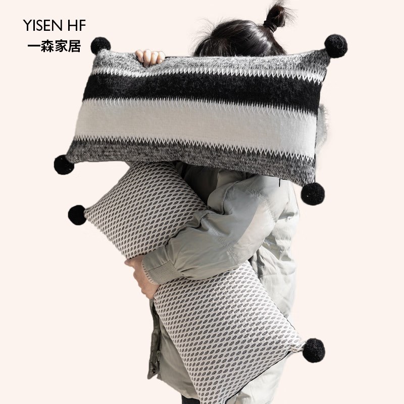 一森现代简约黑白条纹长条形抱枕腰枕客厅卧室夹腿睡觉办公室腰靠