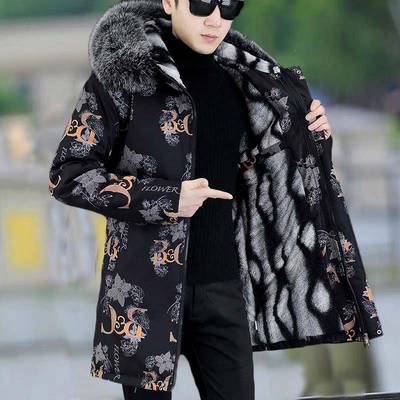 潮流印花大码男款冬季大毛领连帽棉衣外套男士潮牌中长款保暖棉服