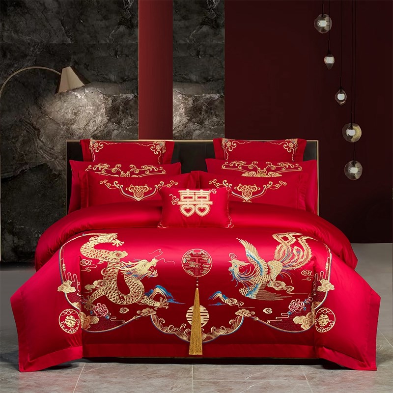 中式200支长绒棉结婚四件套红色100纯棉全棉被套六八件套婚庆床单