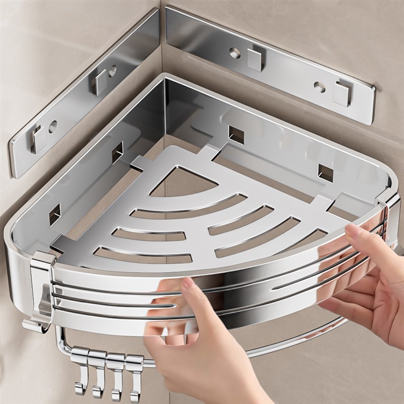 304不锈钢浴室置物架壁挂免打孔厕所洗漱台三角篮转角卫生间收纳