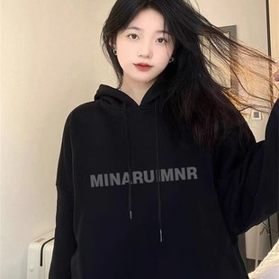 复古慵懒风外 重磅纯棉黑色字母连帽卫衣女秋冬加E绒加厚宽松美式
