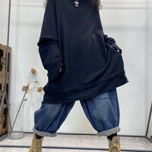 纯色复古做旧破洞假两件卫衣女2023秋季 宽松200斤胖mm上衣潮 新款