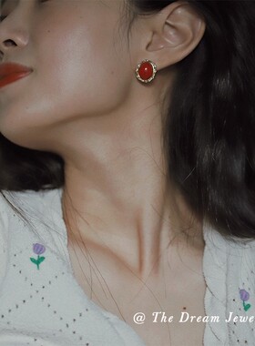 《红玫瑰》复古法式小众红色耳环耳夹女气质港风耳钉仲夏夜之梦