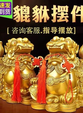 【聚财】纯黄客厅家用办公室皮丘貔犰铜貔貅摆件公母一对招财