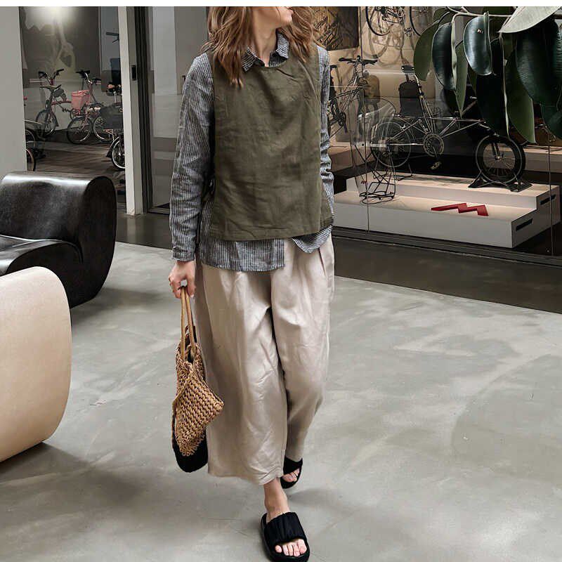 秋新女 法式高定纯亚麻 大码显瘦阔腿大裤管宽松显瘦亚麻九分裤