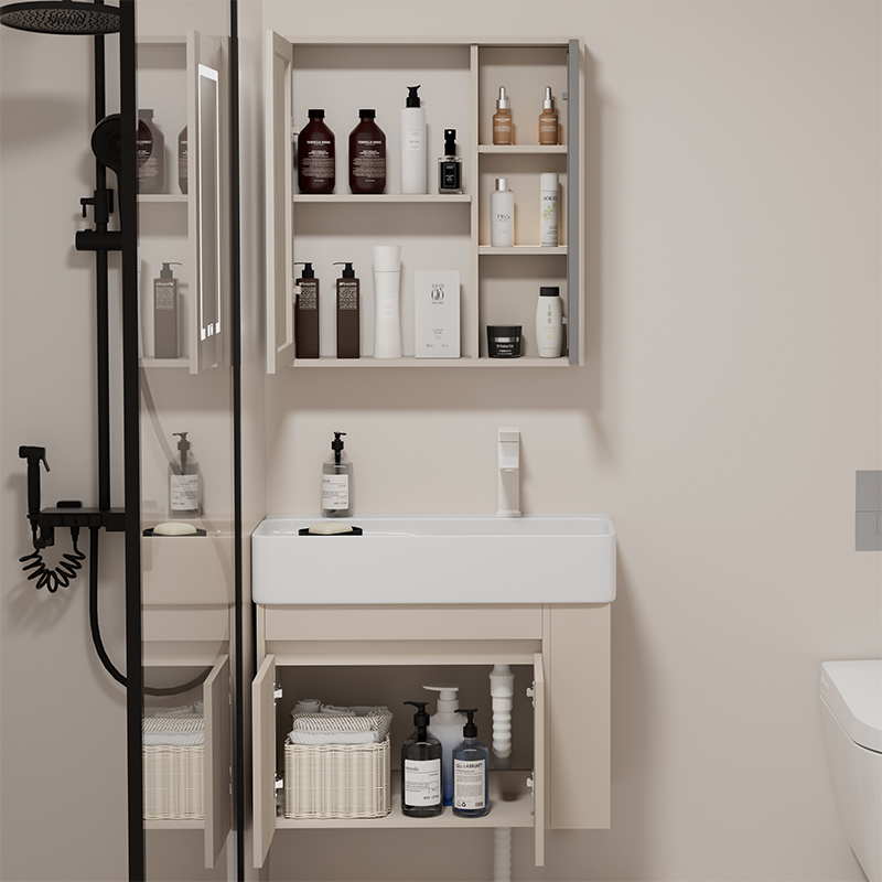 小户型窄边加长挂墙式陶瓷洗手盆柜阳台洗衣盆实木浴柜洗脸盆柜
