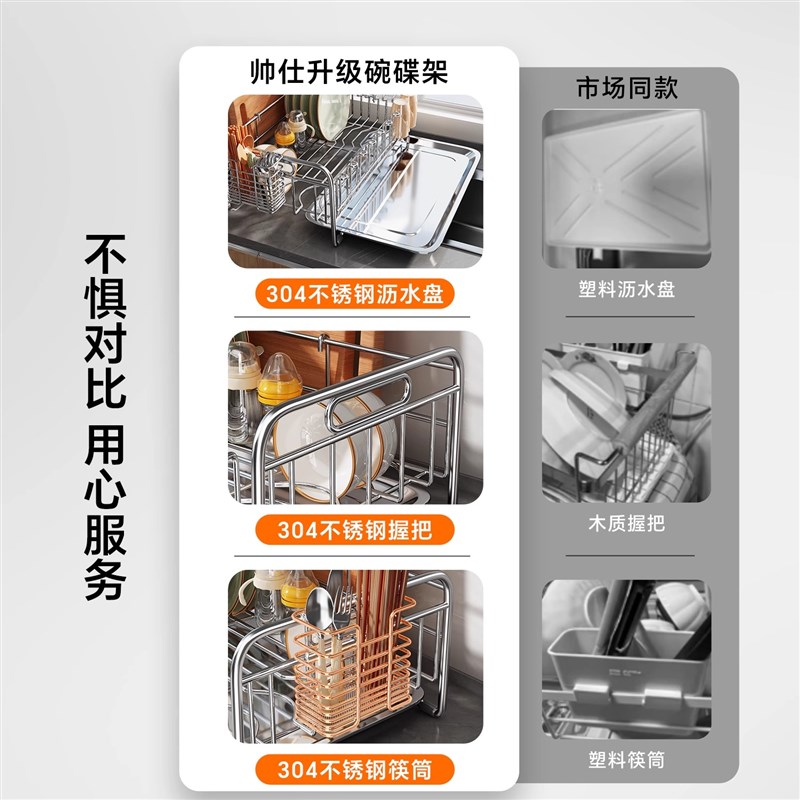 整装304不锈钢碗碟收纳架厨房置物架多功能台面放碗筷收纳沥水架