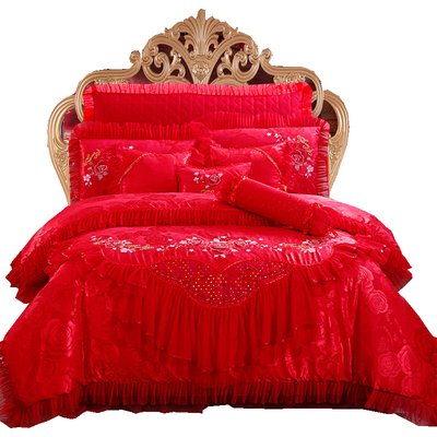 结婚庆大红色全棉蕾丝床裙床盖罩床单1.5m1.8m2米四件套