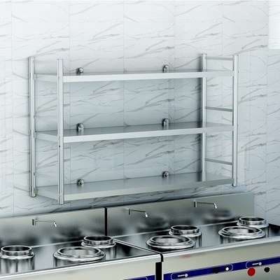 不锈钢置物架厨房壁挂式带围栏墙上三层两层调味料饭店挂墙收纳架