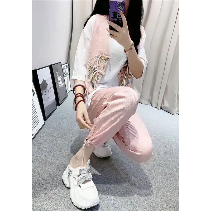 新中式大码显瘦套装女2024夏季新款气质国风盘扣刺绣马甲三件套装