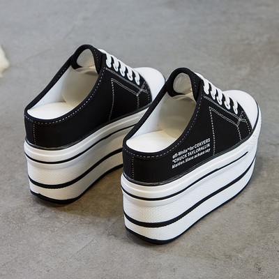 内增高小白鞋女2021新款春秋季11cm松糕帆布鞋厚底一脚蹬高跟拖鞋