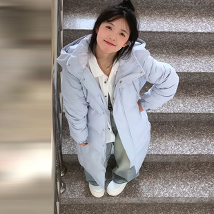 韩国高级感长款蓝色连帽羽绒棉袄女2024年冬季新款超好看洋气棉服
