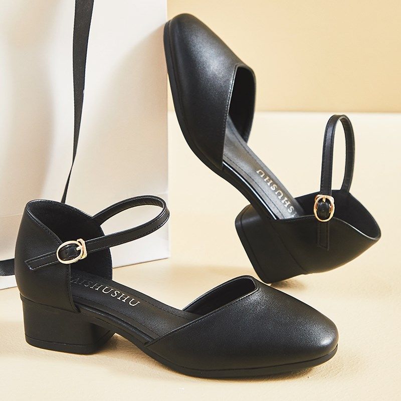春夏工作鞋女黑色方头3.5粗跟包头包跟凉鞋女中空一字扣职业皮鞋