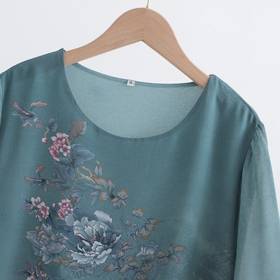 小个子妈妈夏季国风雪纺套装新款印花圆领T恤中老年女裙裤两件套