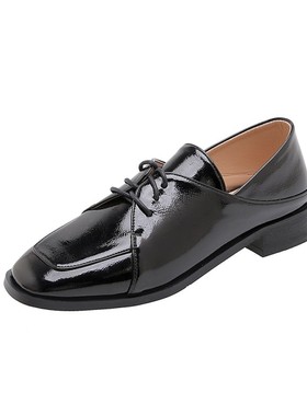 英伦风方头黑色系带漆皮小皮鞋大尺码41 42 43 44 45码平底鞋米白