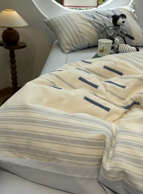 ins奶油风蓝色条纹A版提花B版水洗棉四件套1.5m1.8米纯棉床单被套