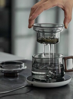 烟灰色玻璃水杯带木把茶水分离办公室泡茶杯子高档茶咖啡杯胖墩杯