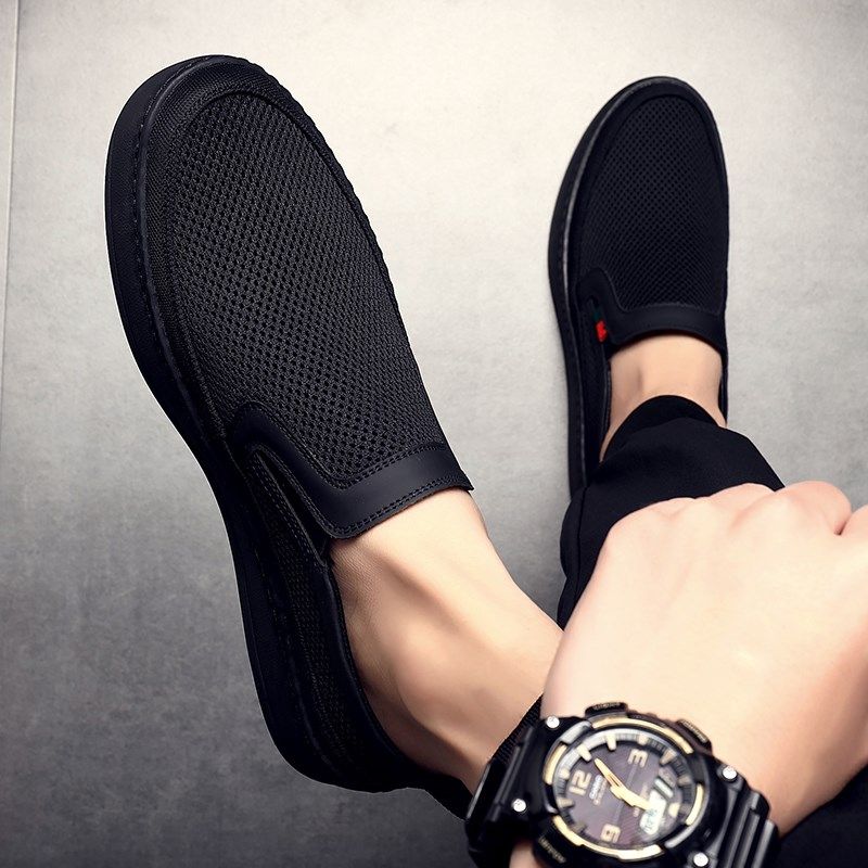 新款夏季网面鞋男透气网布鞋子休闲帆布鞋男款韩版百搭纯黑板鞋男