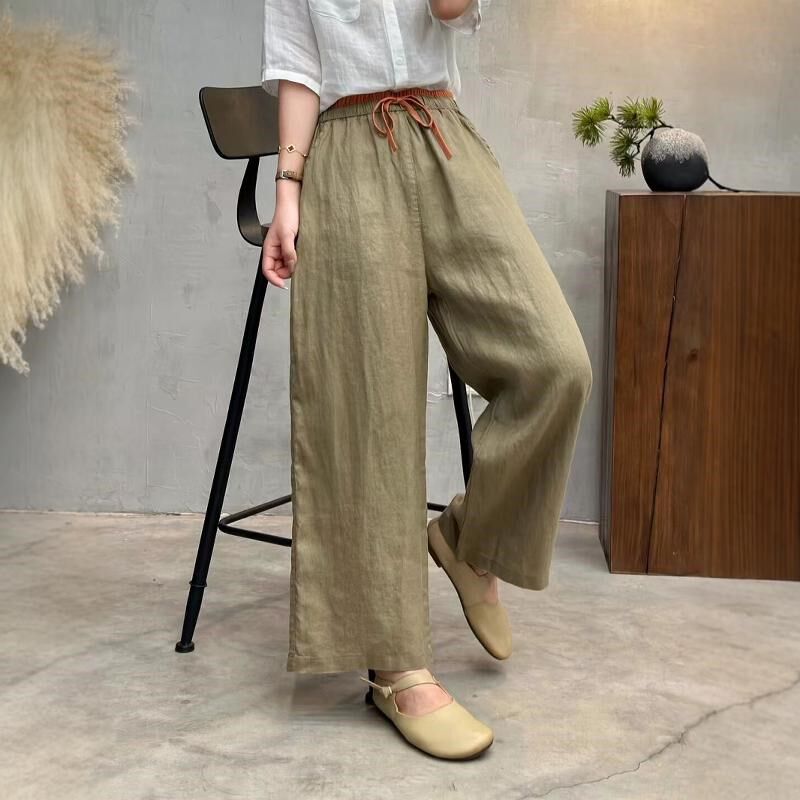 文艺系带松紧腰阔腿裤女秋季新款休闲腰围拼色长裤百搭口袋宽松裤