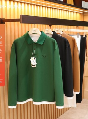 意式奢华2025秋季新款男士叠穿T恤撞色拼接假两件长袖POLO衫1398