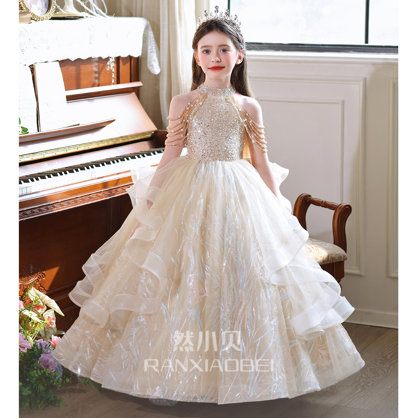 儿童礼服高端轻奢小众花童婚礼小女孩公主裙生日宴主持人钢琴演奏