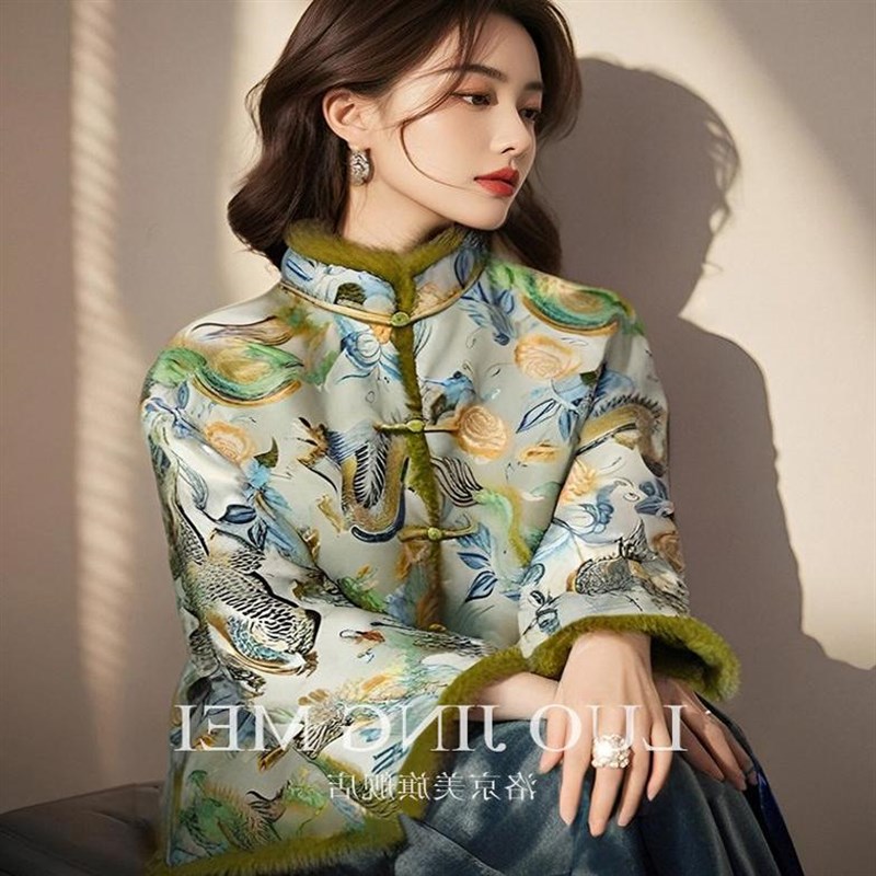 唐装中国风女装高l端宋锦碎花棉袄新中式国风上衣绿色外套女款春