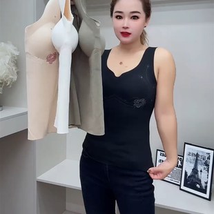 秋冬带胸垫无痕保暖吊带打底W美背带胸垫内 德绒背心女士免穿大码