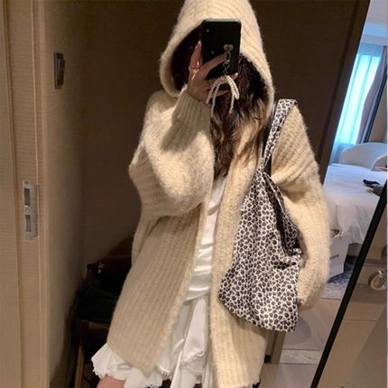 软糯慵懒风d针织毛衣开衫女秋冬季简约连帽显瘦宽松小个子上衣外