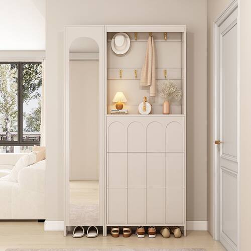 超薄奶油鞋柜进门玄关翻斗一体收纳家用门口挂衣架入户穿衣镜鞋架