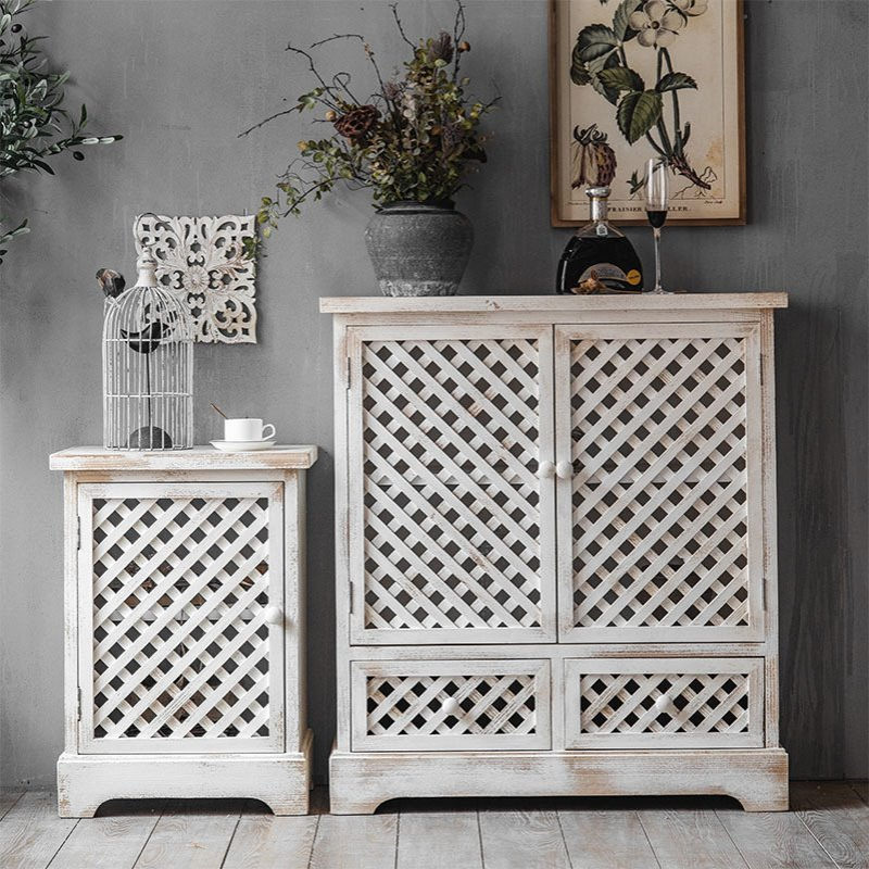 美式复古实木网格镂空储物柜成套立柜做旧家居电视柜民宿餐边柜