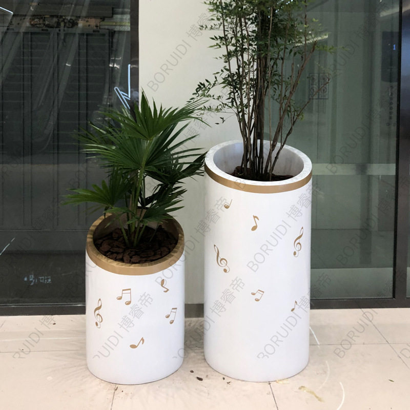玻璃钢艺术花盆天虹商场音乐符号彩绘圆柱组合大花瓶户外创意花钵