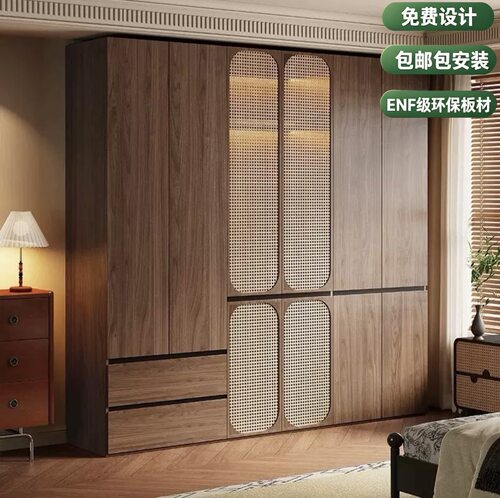 中古风ENF级实木衣柜家用卧室客厅小户型分段式储物收纳柜大柜子