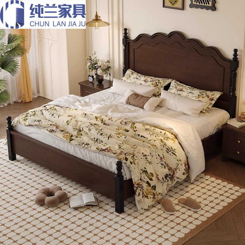 中古风全实木床1.8米双人床主卧婚床储物美式轻奢床复古黑白色床