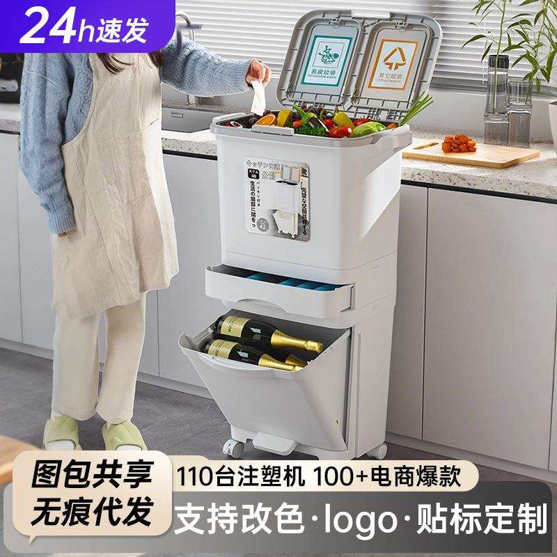 厨房垃圾桶家用大容量多层带轮高款免弯腰日式置物架子带盖卫生桶图片