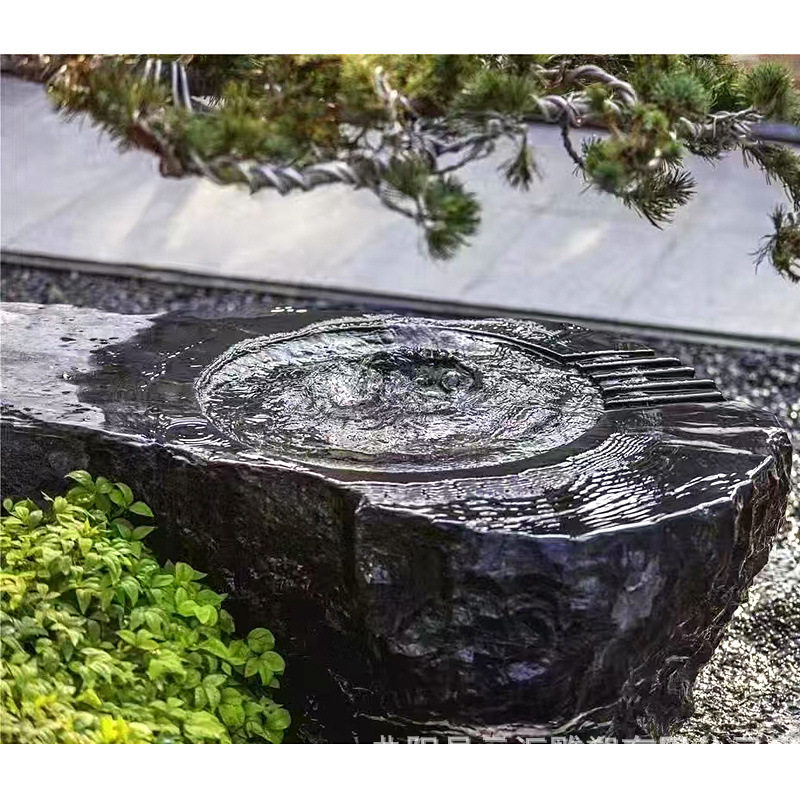 定制黑山石水钵庭院水池水景石雕异形石盆园林涌泉流水景观石摆件图片