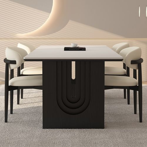 实木黑色岩板餐桌家用小户型奶油中古风长方形饭桌高端德利丰桌子