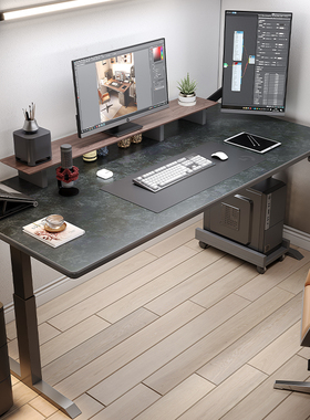 黑色岩板电动升降书桌智能自动书桌简约现代电脑桌卧室家用台式