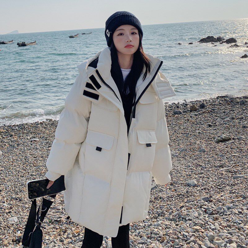 韩系白色羽绒棉服女高级感爆款w连帽2024冬季新款加厚中长款面包